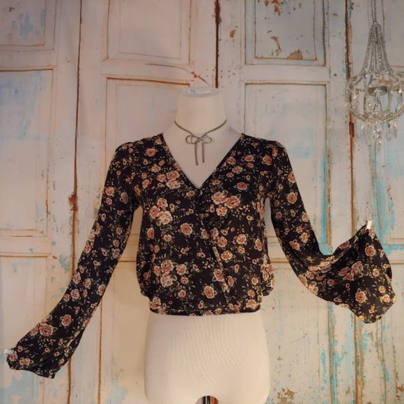 Living Doll long sleeve elastic waist blouse/ size XS / black & orange flower - Picture 1 of 6